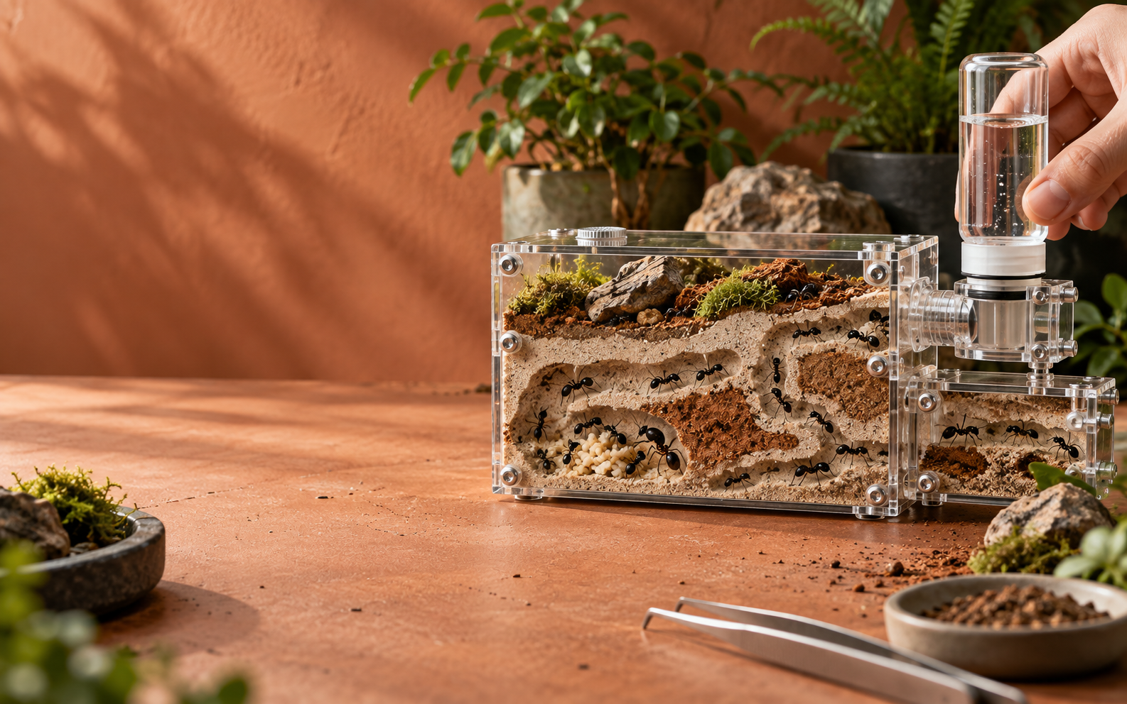 Editorial illustration of an observation ant habitat with tunnels and a hydration module